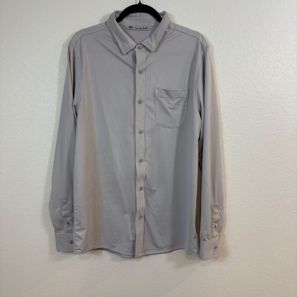 TravisMathew Button Down Mens L Grey Micro Check Stretch Long Sleeve Golf Sporty